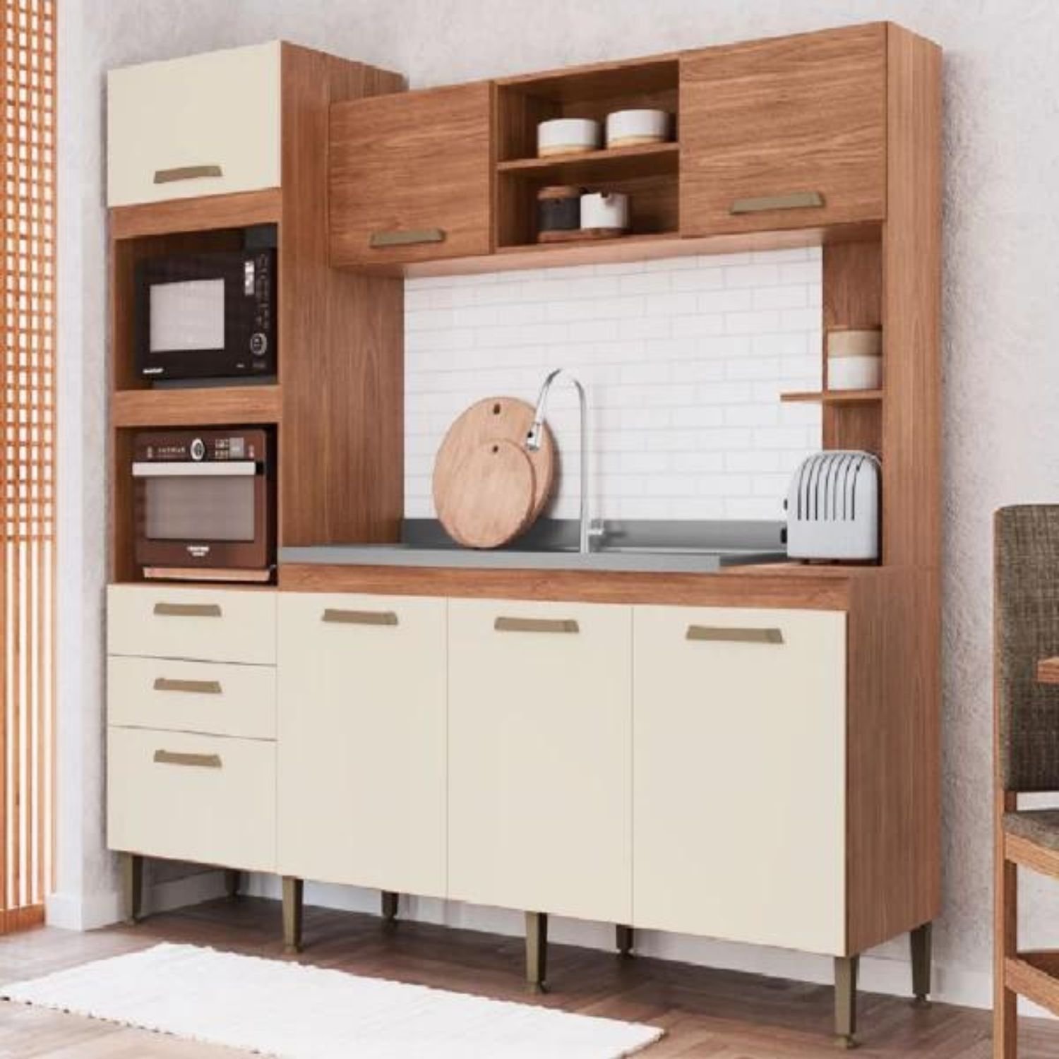 Kit Cozinha Melyna 2,15m Compacta Freijó/Off White IRM