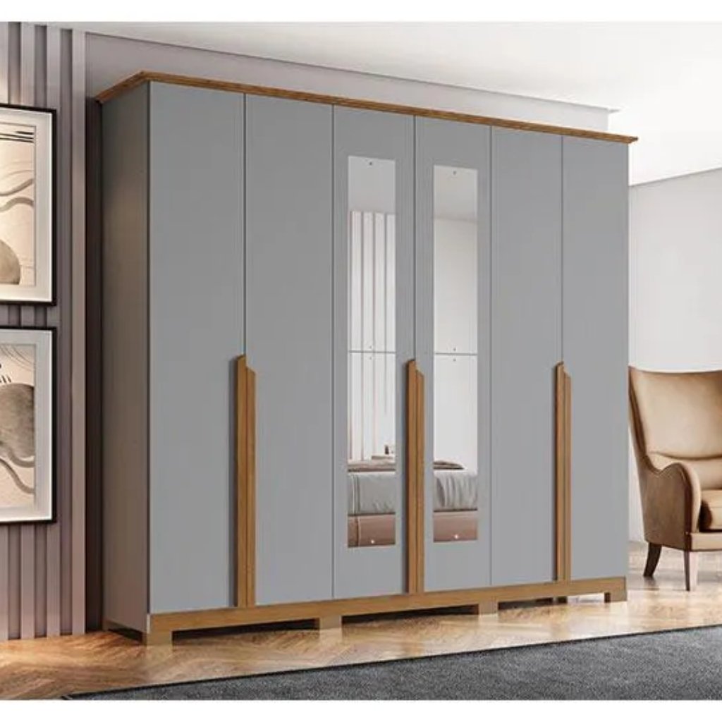 Roupeiro Andréas 2,35m c/ Espelho 6 Portas Nature/Cinza Henn