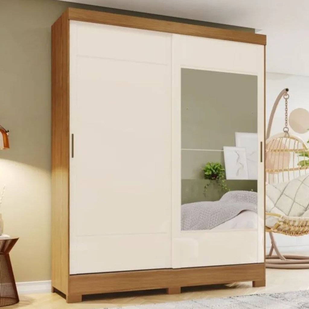 Roupeiro B74 1,63m 2 Portas de Correr Nature/Off White c/ Espelho