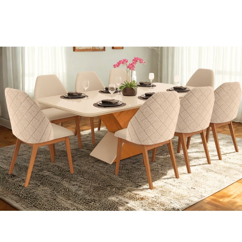 Conjunto Mesa Zafira 2x1m Com 8 Cadeiras Grécia Linho Bege DJ Móveis