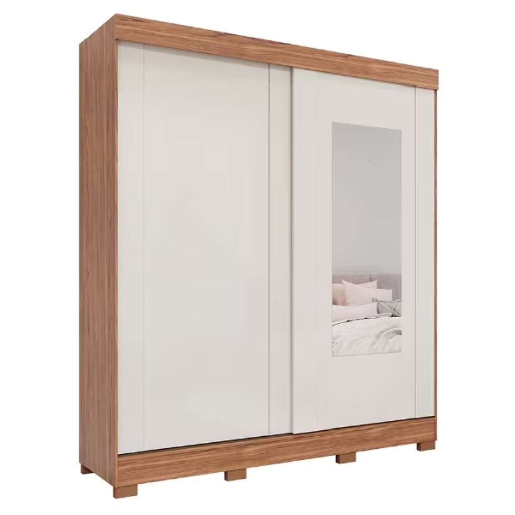 Roupeiro B74 1,63m 2 Portas de Correr Nature/Off White c/ Espelho