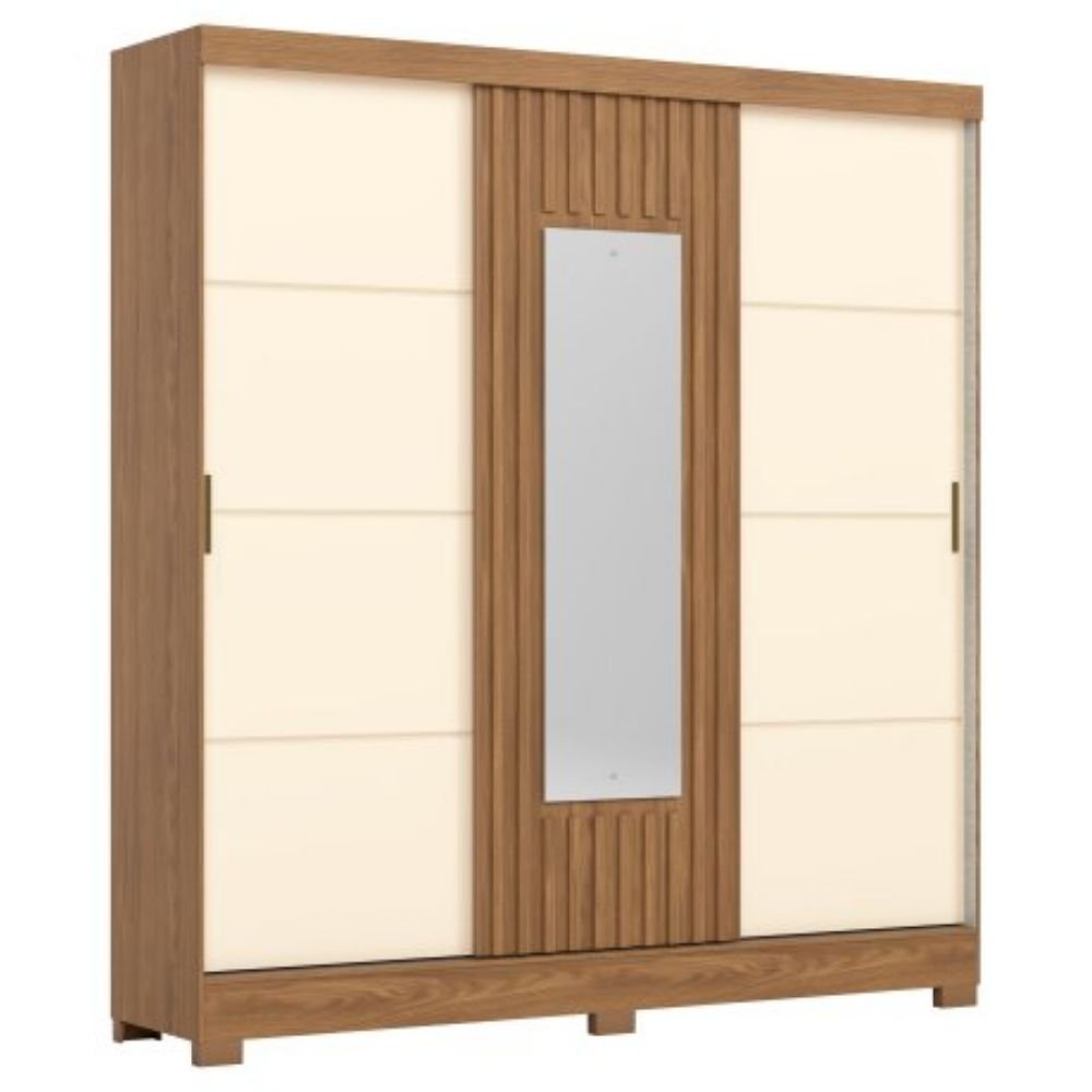 Roupeiro B74 1,63m 2 Portas de Correr Nature/Off White c/ Espelho
