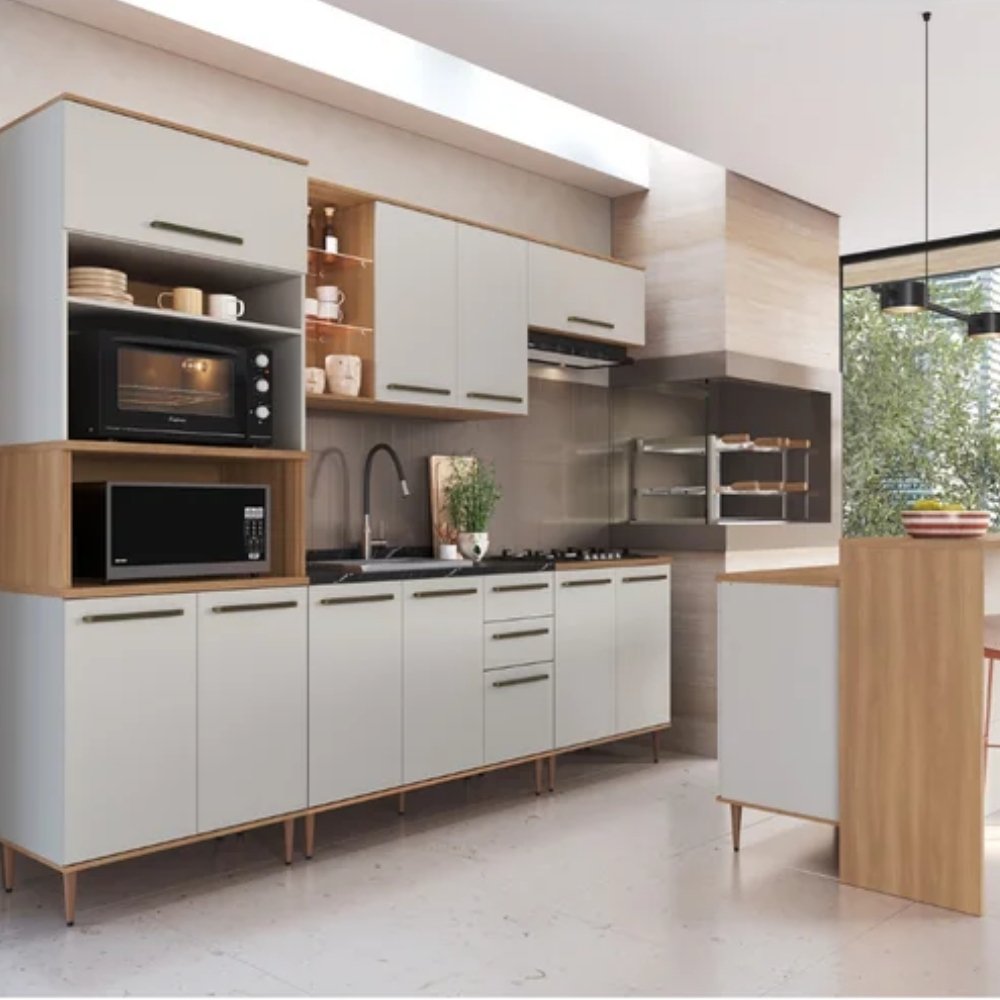 Cozinha Modulada Isabelle 2,80m 8 Peças c/ Ilha Freijó Arenas Del