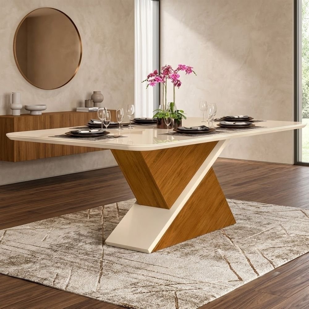 Mesa Zafira Tampo Chanfrado 2.0m x 1.0m Retangular Freijó Vidro
